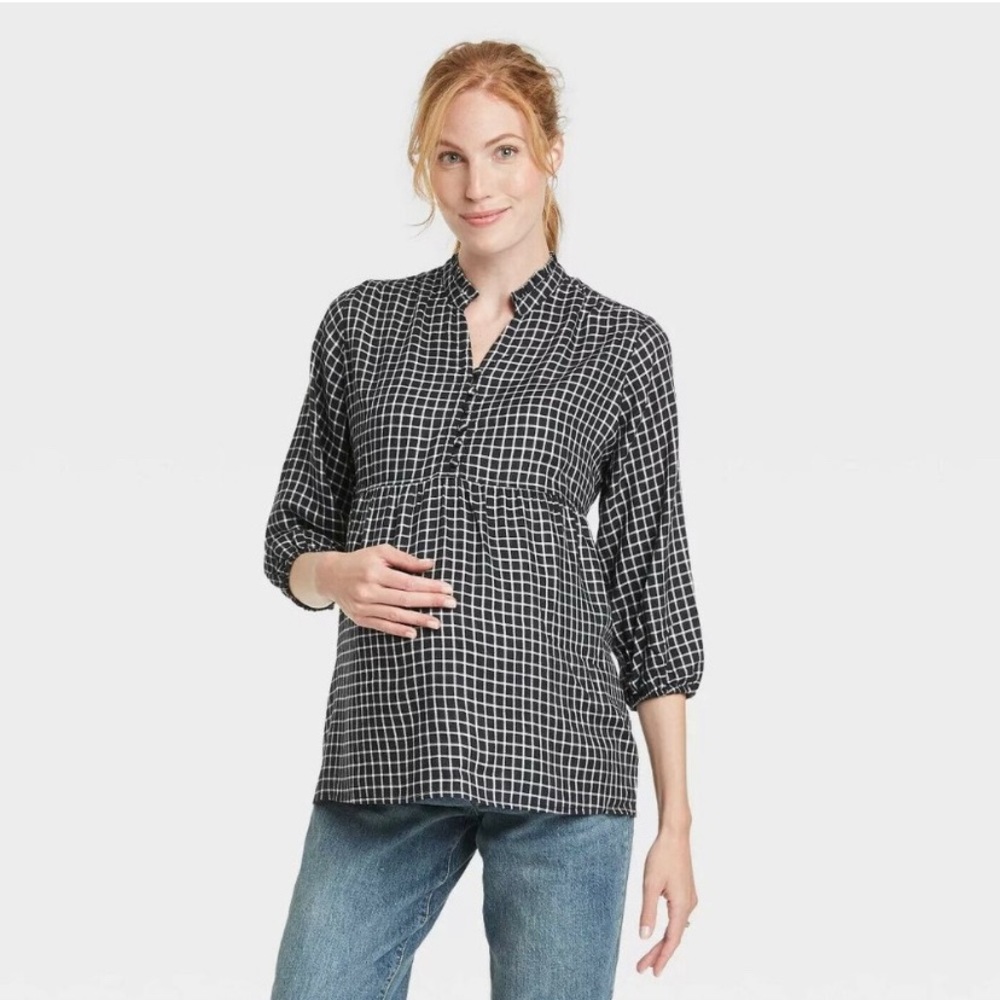 3/4 Sleeve Button-Front Ruffle Detail Woven Maternity Blouse Size M Isabel